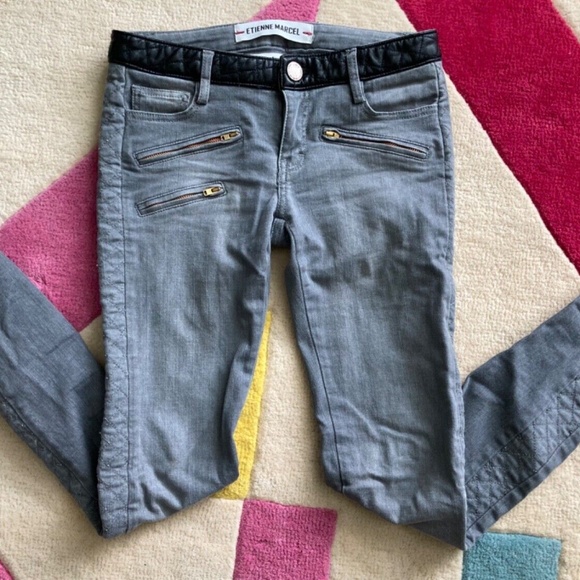 Etienne Marcel Grey Denim Low Rise Moto Skinny Jeans with Quilting Leather 25 0 - Picture 2 of 7